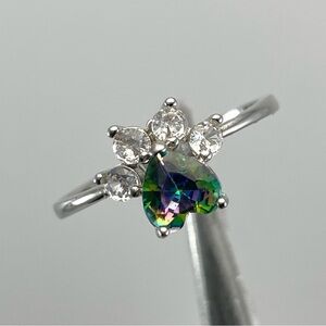 Beautiful Dainty Animal Puppy Paw Rainbow Mystic Diamond CZ Silver Plated Ring